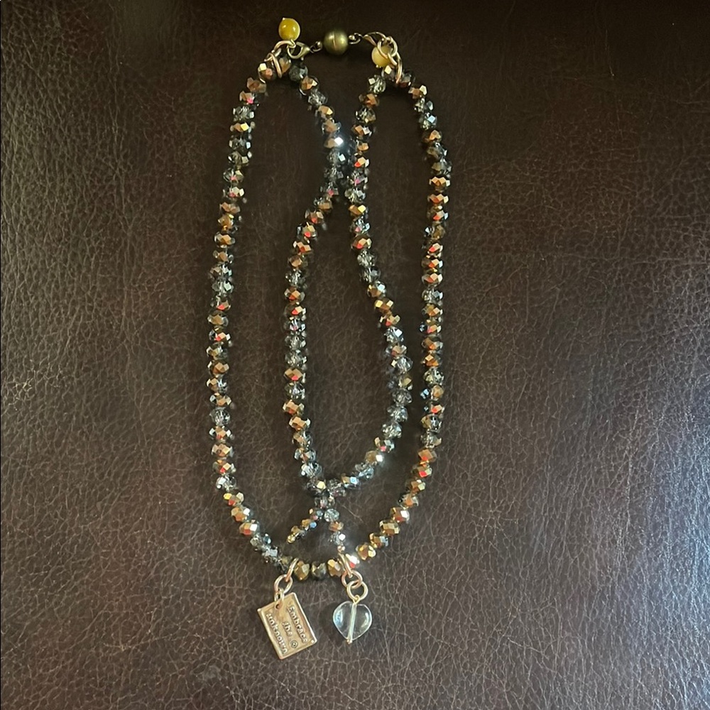 Black and Gold Beaded Necklace with Cube Charm